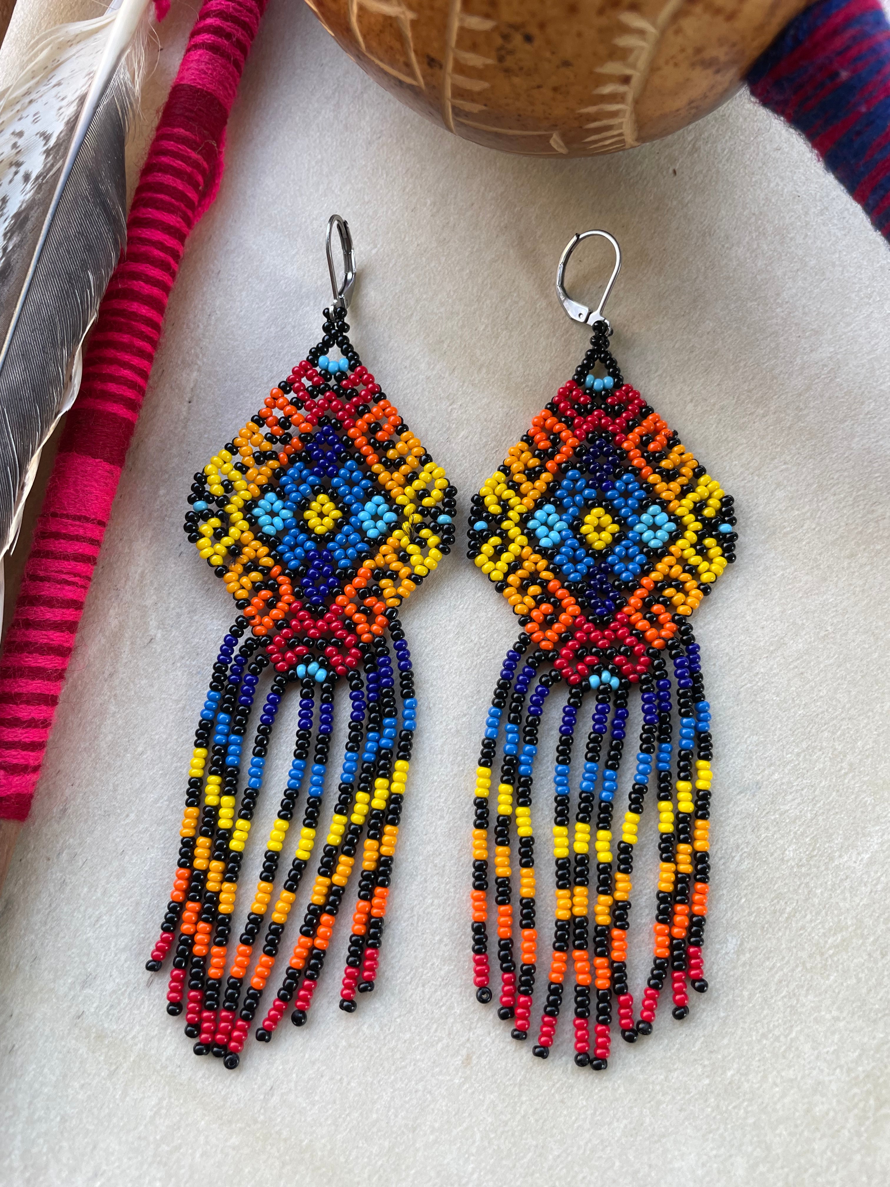 Ojo de Dios Geométrico - Blue & Orange Huichol God’s Eye Beadwork Earrings