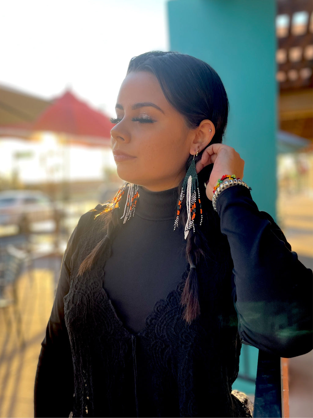 Serpiente - Green & White Huichol Serpent Beadwork Earrings