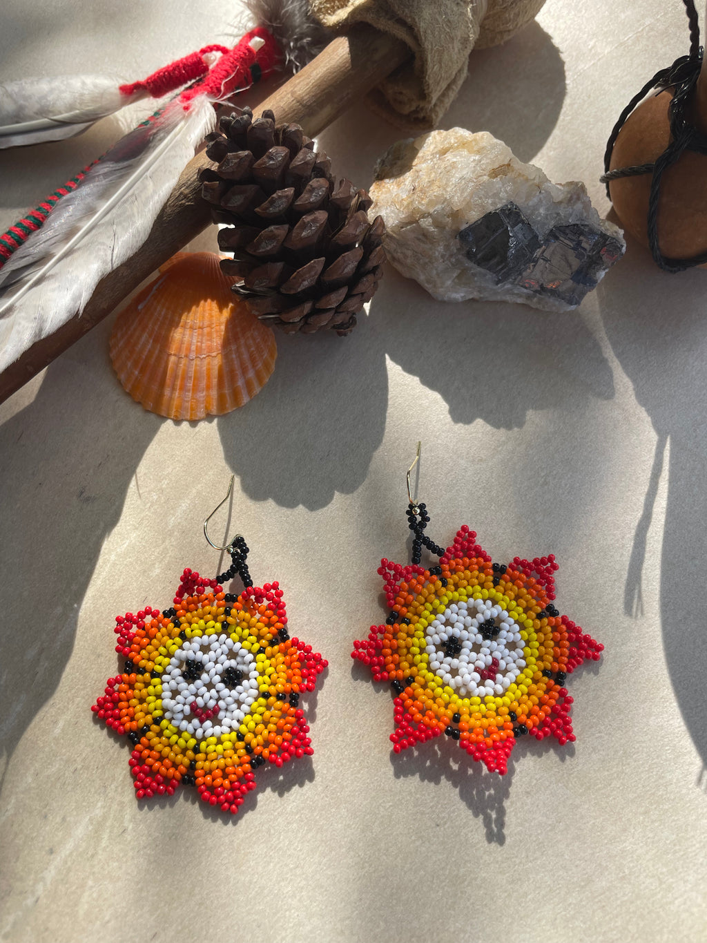 Padre Sol Earrings - Orange & White Huichol Sun Beadwork Earrings
